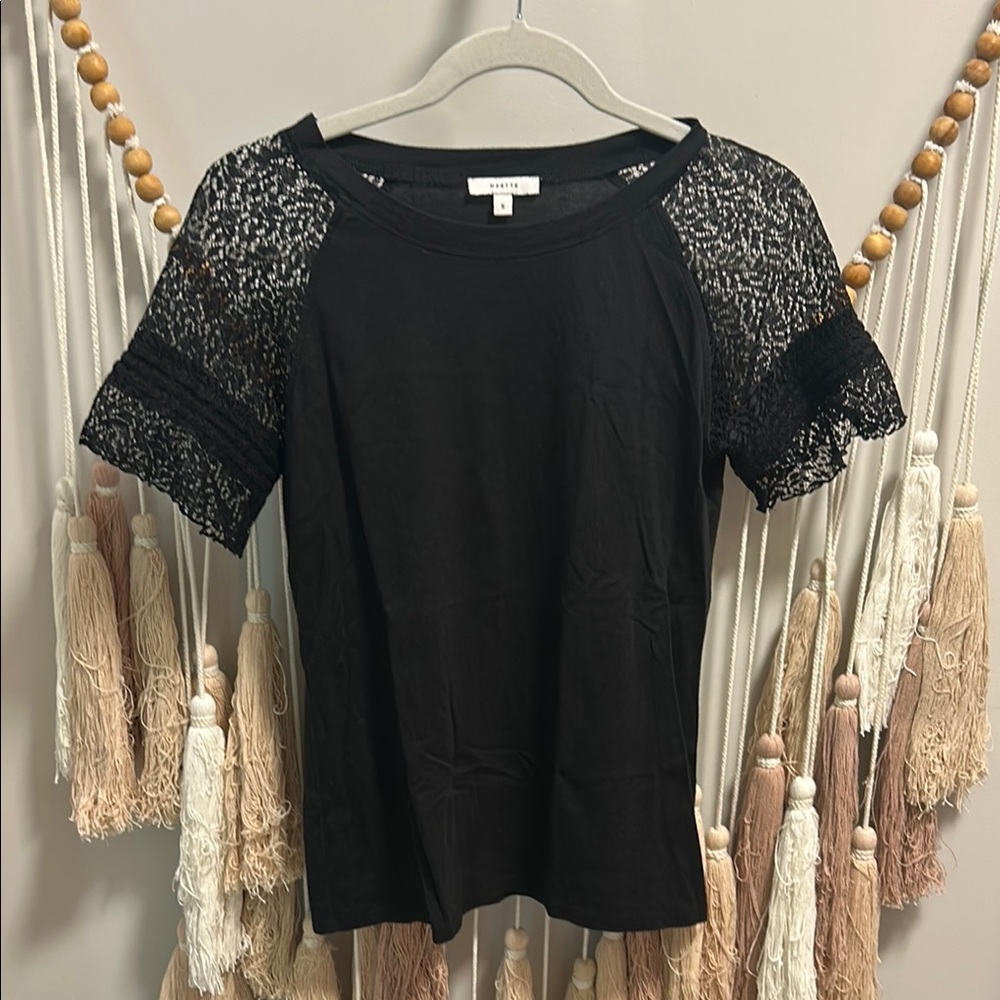 Sandro Elegant Black Tee with Lace Detail